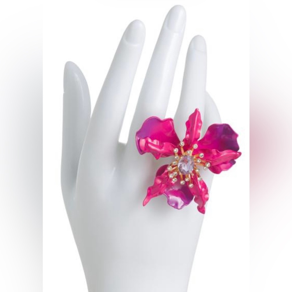 BETSEY JOHNSON SET Pink & Purple Ombré Orchid Earrings Necklace & Ring NEW NWT - Picture 3 of 16